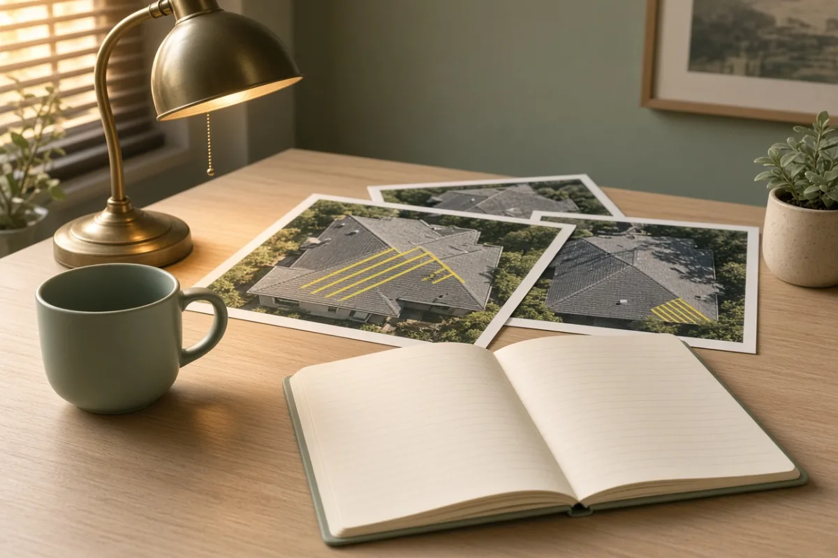 Home office desk with printed roof photos, a highlighter marking shade lines on an aerial printout, an open notebook listing meter and permit questions, a mug and reading lamp, warm evening light from the left, no brand logos, 1200x800