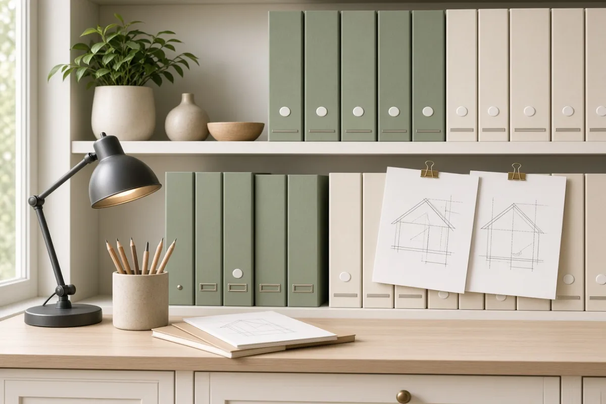 Bookshelf with labeled binders titled Roof Notes and Meter Records, a few printed article drafts with roof diagrams clipped on top, a desk lamp and pencil cup, calm neutral tones, no brand logos, 1200x800