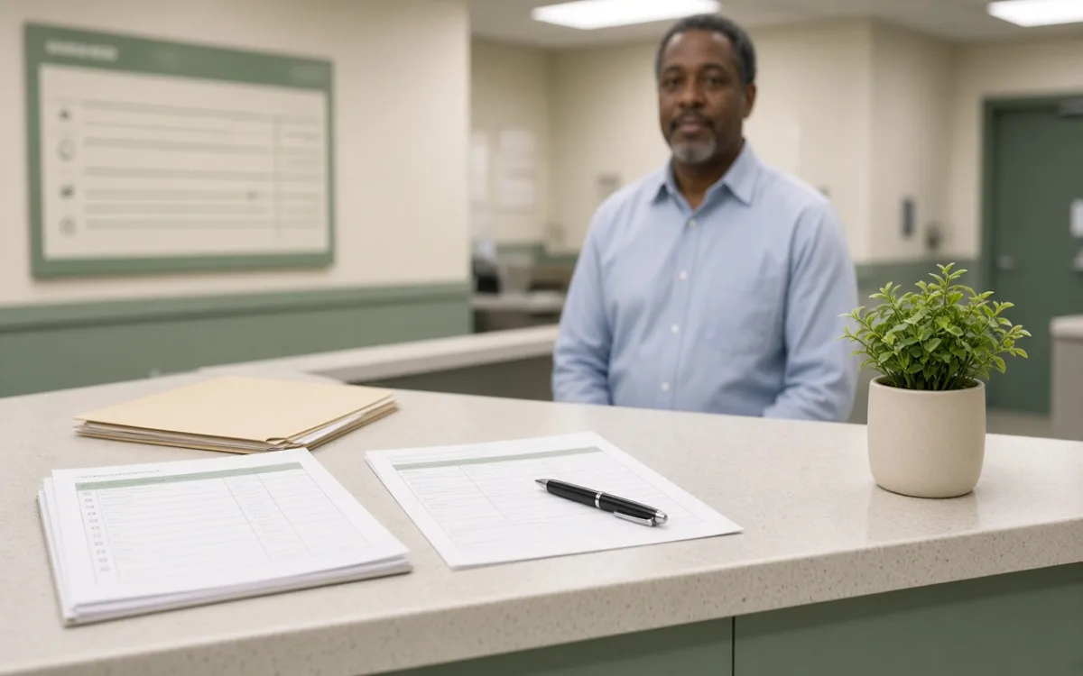 County building department counter with a printed permit checklist, a folder labeled Interconnection, a pen and paper application form, fluorescent office lighting, a small potted plant on the counter edge, no visible personal data, 1200x750
