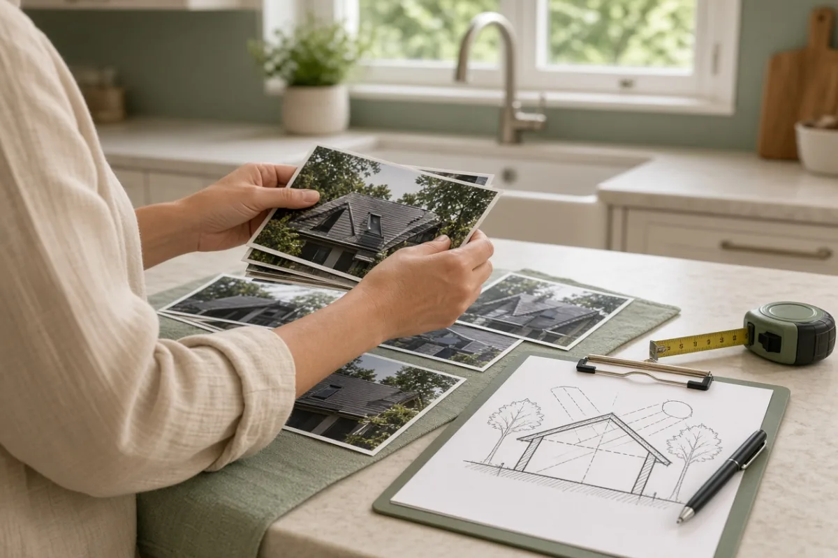 Homeowner hands sorting printed roof photos on a kitchen counter, a clipboard with a handwritten shade timeline, a tape measure and pen nearby, soft daylight from a window above the sink, no faces visible, 1200x800