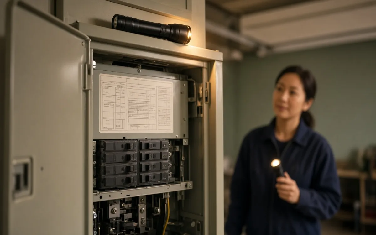 Close-up of a residential main electrical panel door open to show a printed manufacturer label with amperage and bus rating text, a flashlight resting on the panel rim, garage interior wall in soft focus behind, no legible serial numbers, 1200x750