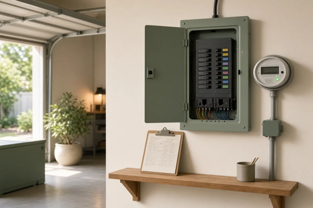 Residential garage wall with an open electrical panel showing labeled breaker switches, a digital utility meter mounted beside it, a clipboard with handwritten load notes clipped to a shelf below, daylight from an open garage door on the left, no brand logos, 1200x800