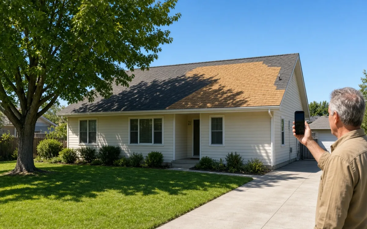 Single-story home roof viewed from the driveway at midday, a large maple tree casting a sharp triangular shadow across the south-facing slope, a person holding a phone for reference at the edge of frame, bright clear sky, no brand logos, 1200x750