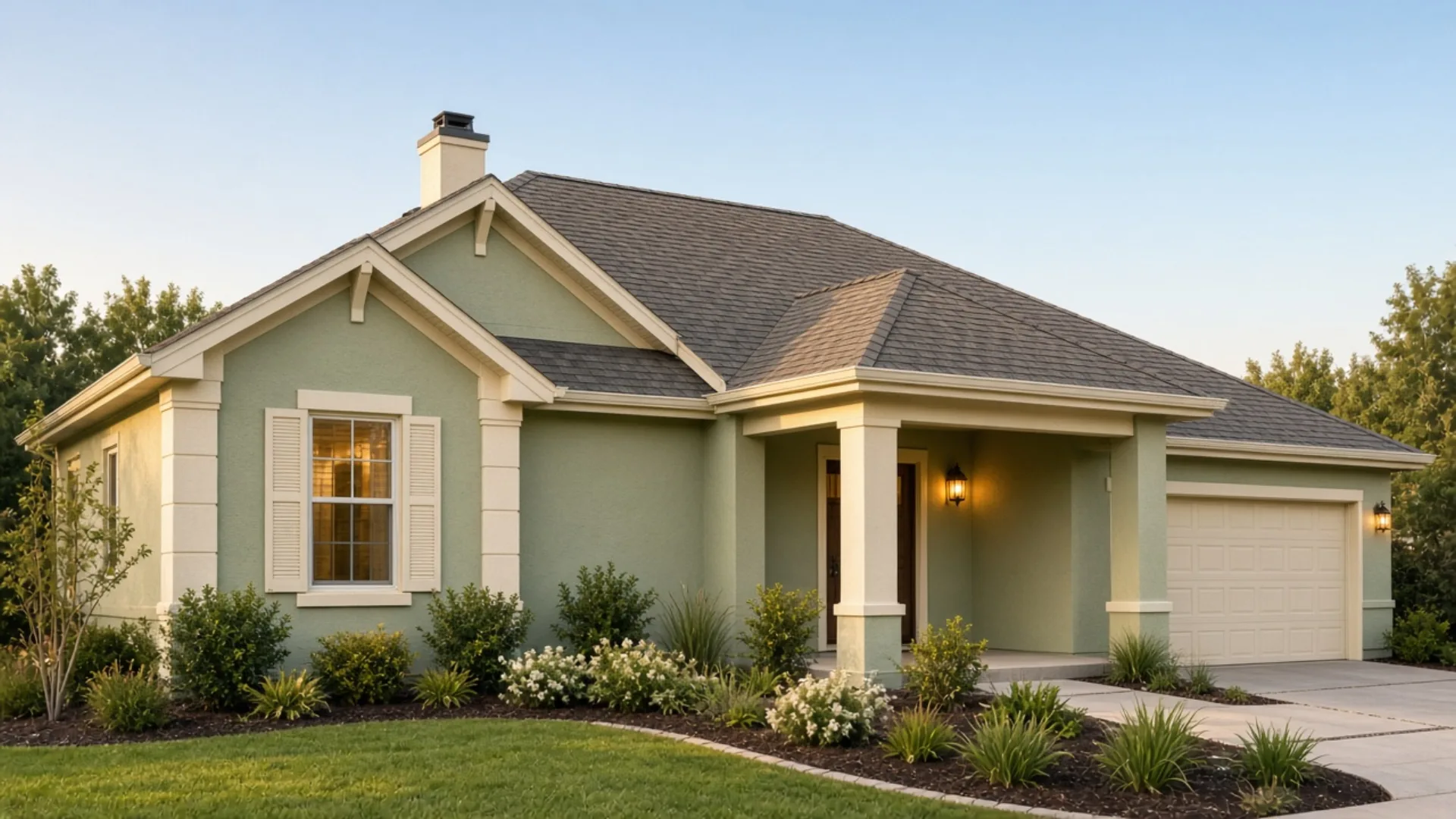 Suburban house with a south-facing shingle roof partially covered by dark solar panel mounts, a tall oak tree casting a narrow shadow across the upper ridge, a folded utility bill and pencil resting on the front porch railing, warm afternoon light from the right, no brand logos on equipment, 1920x1080