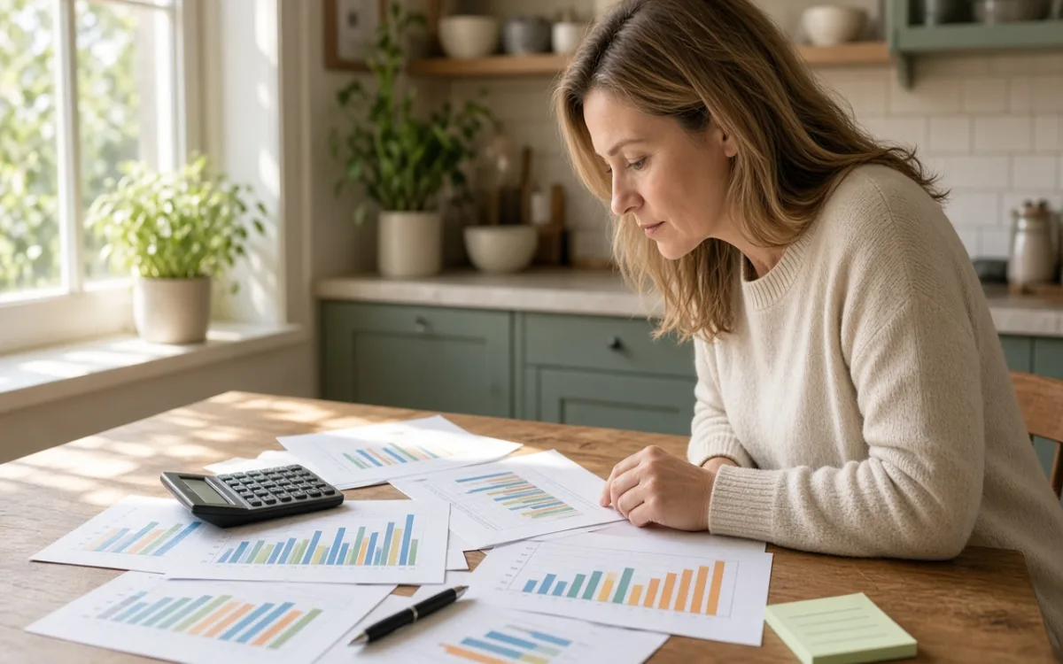 Kitchen table with a spread-out utility bill showing bar graphs of monthly electricity use, a calculator, a pen, and a sticky note listing appliance names, morning light through a window on the left, no visible account numbers, 1200x750